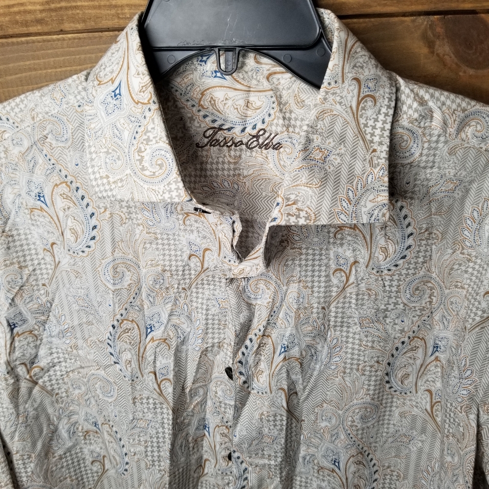 Tasso Elbo Paisley Print Long Sleeve Preppy Casual Tan Blue Sz M